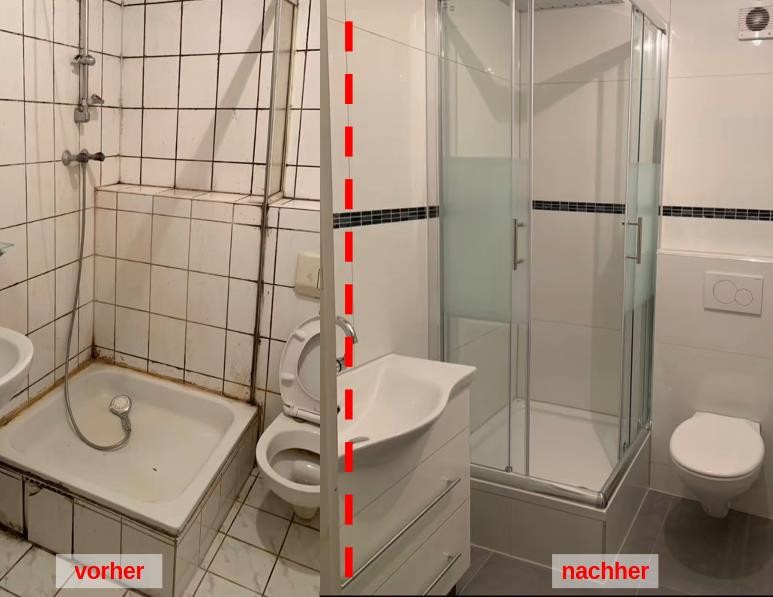 Vorher-Nachher-Vergleich einer professionellen Badezimmer-Renovierung in Stuttgart, mit Umbau von alter Dusche und WC zu modernem Duschbad und Hänge-WC.